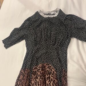 RIXO Black and White Polka Dot Dress with Leopard Print